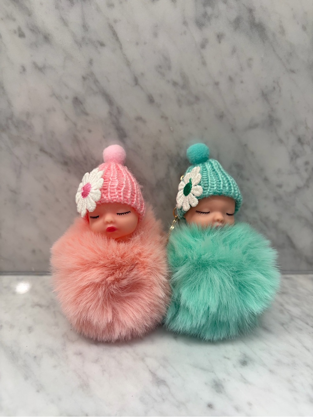 Sleeping Baby Pom Pom Keychain Fuzzy Plush Charm Teal or Pink Cute Gift